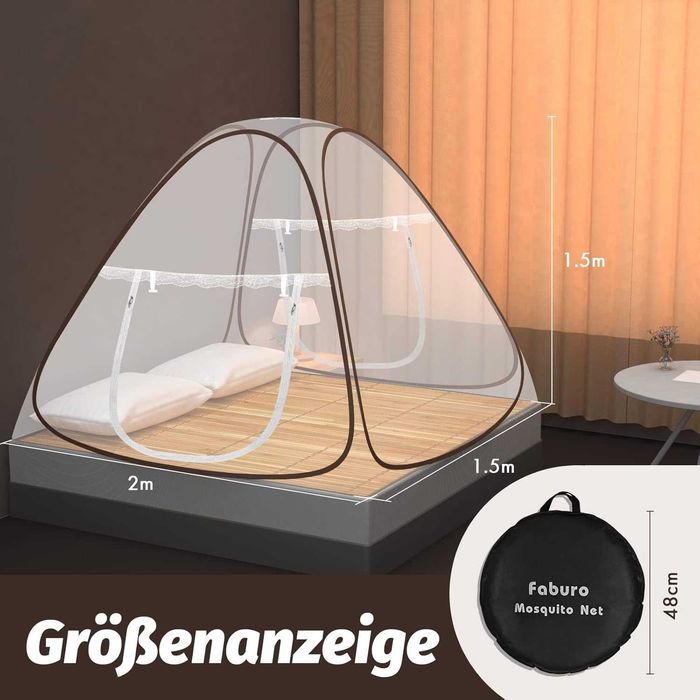 Rede Mosquiteira para Cama FABURO 150x200x150cm | Rede Antimosquitos Dobrável com Dupla Entrada | Portátil com Saco de Transporte