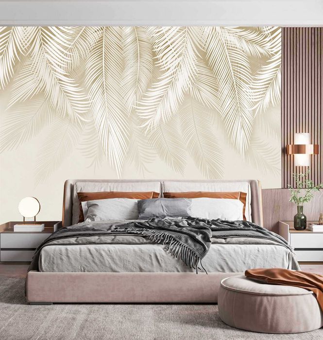 Fototapeta 3d LIŚCIE PALMY Winylowa w odcieniach beżu 350x256 cm