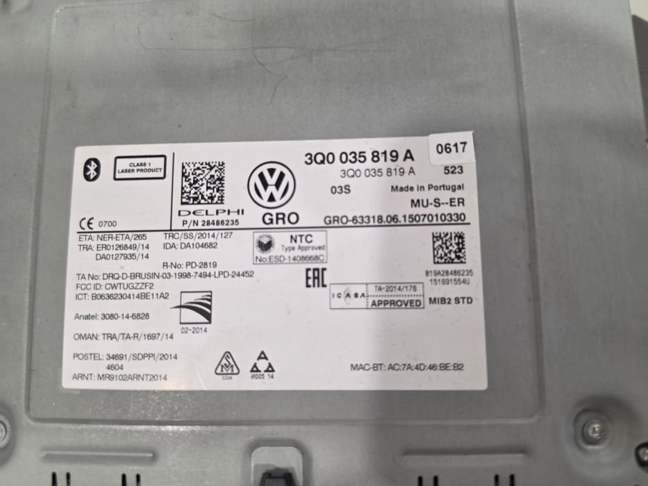 Rádio Volkswagen passat B8 2015 (BT)