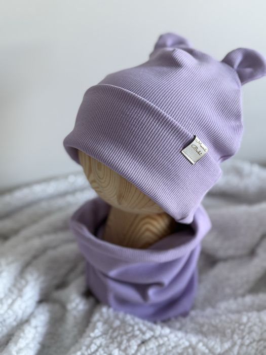 Czapka komin  50/52 prążek wrzos liliowy zestaw wiosna/jesień