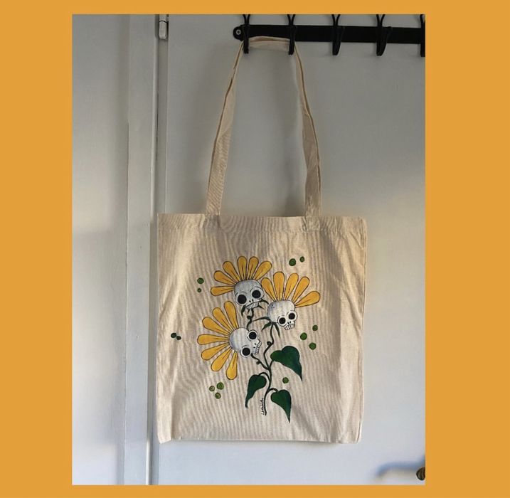 Bawełniana torba czaszki kwiaty Pinterest ręcznie malowana