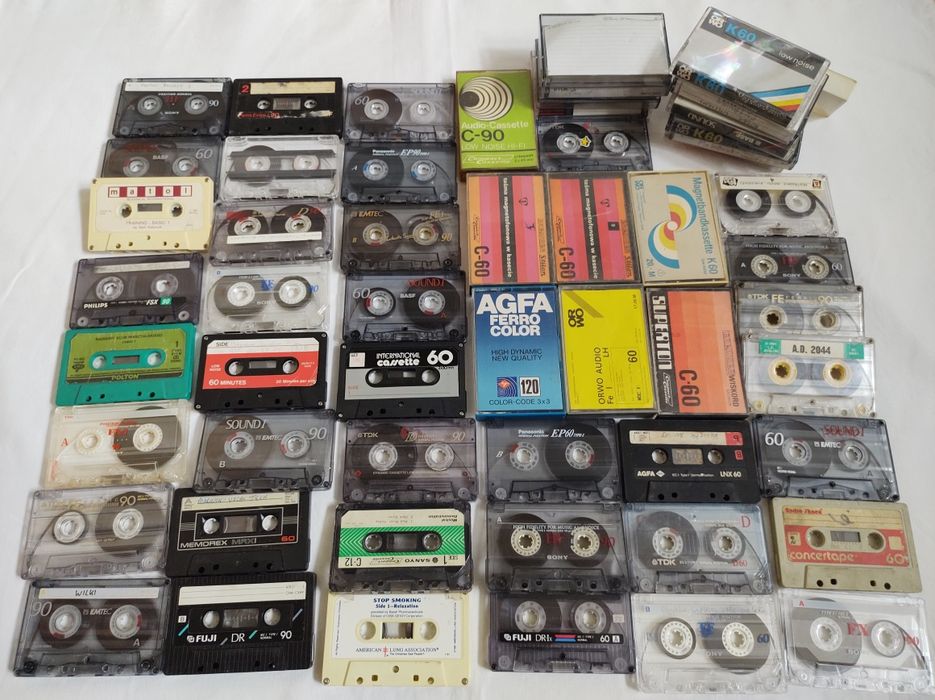 Kasety magnetofonowe do nagrywania TDK Sony Philips Fuji OrWo Agfa Emtec Basf Sanyo vintage retro  audio 45 szt zestaw pakiet kaset