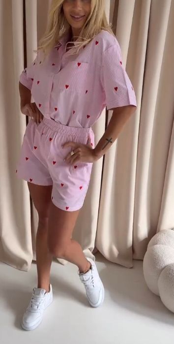 Komplet set letni różowy w czerwone serduszka butik one size nowy