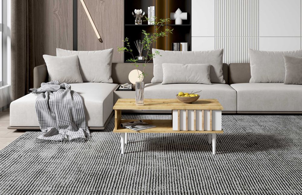 Stolik kawowy ława loft lamele dąb/czarny/biały z półką i szufladą