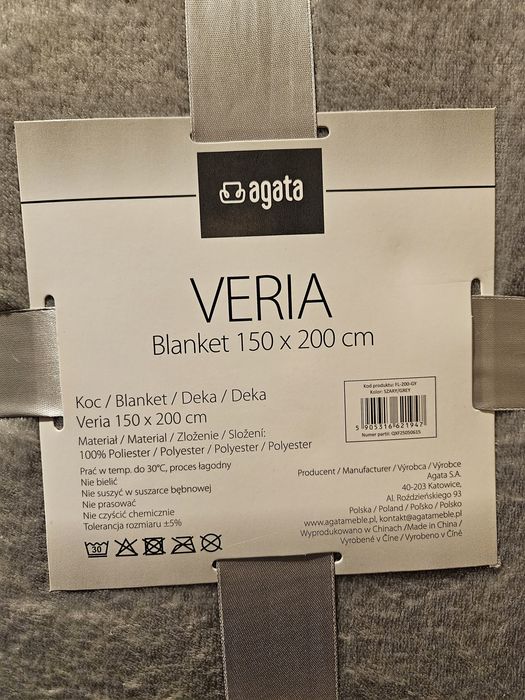 Nowy koc szary Veroa (Agata Meble)