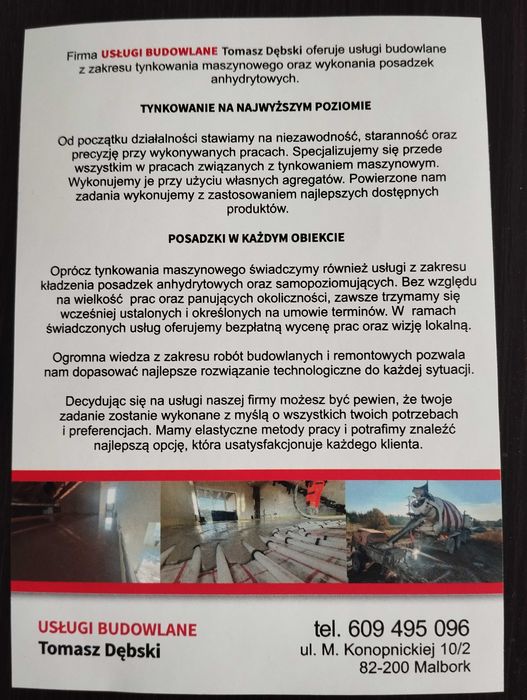 Posadzki anhydrytowe , tynki maszynowe. Wolne terminy .