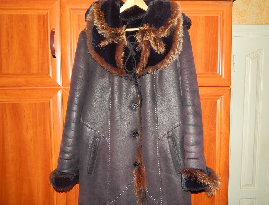 Кожаная куртка дубленка шуба натуральная длинная размер L-XL 115 см