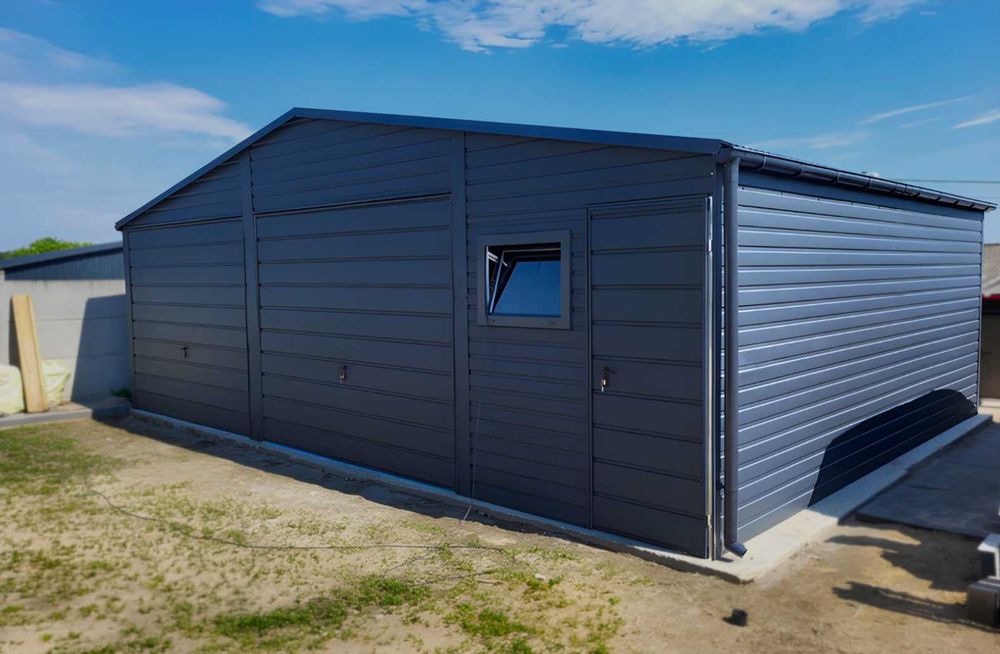 Garaż blaszany dwustanowiskowy 8x5m – ciemny grafit MAT Profil ocynk