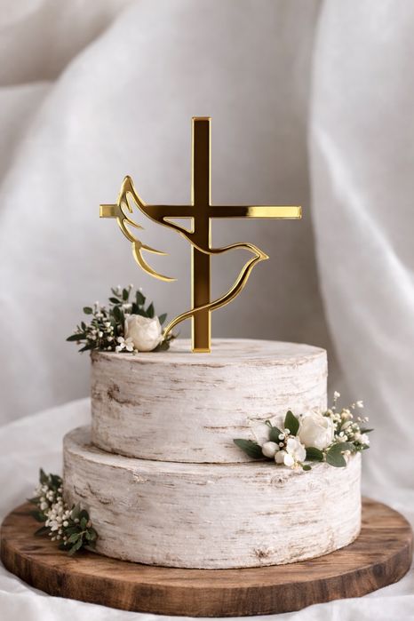 Topper na tort lub bok tortu KRZYŻ Z GOŁĘBIEM złota plexi lustro 3mm