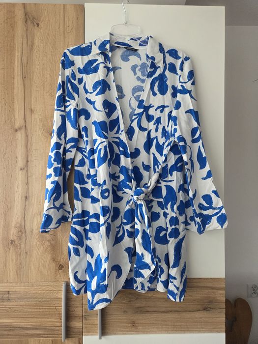 Letnia sukienka tunika wiązana Zara XL 42 z niebieskim wzorem wiskoza