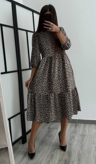 Zara sukienka midi w panterke falbanki S/M