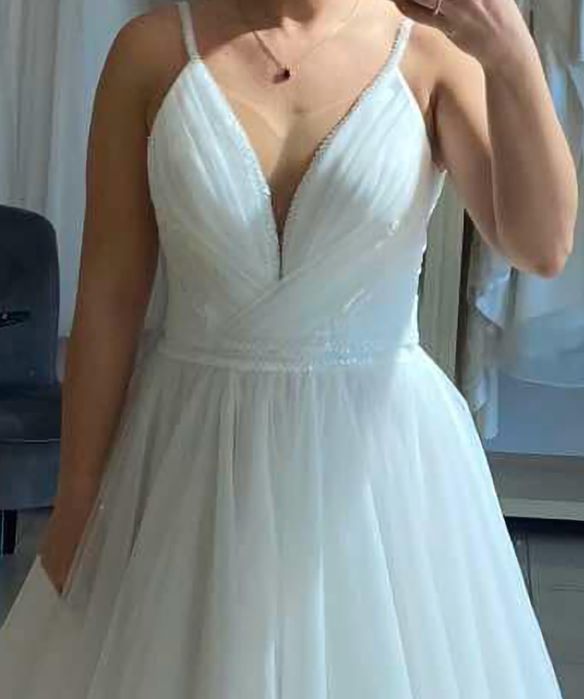 Suknia ślubna biała, śmietankowa,tiul, na ramiączkach roz.36,38 /157