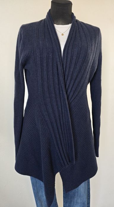 Luksusowy Granatowy Kardigan COERCION 50% Angora roz XL asymetryczny