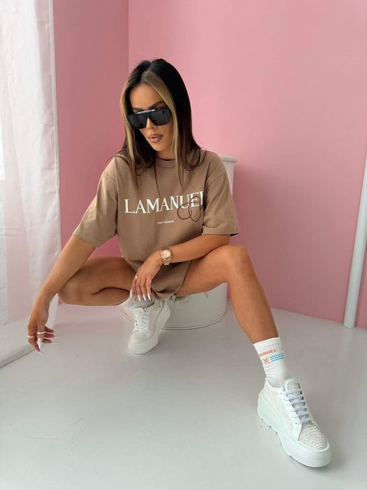 T-shirt LaManuel Club Uni ecru beżowy camel mięta lila