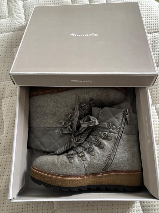Botki ocieplane zimowe Tamaris szare filcowe 37