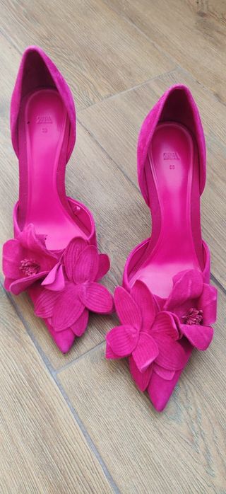 Buty na obcasie szpilki fuksja kwiaty 3d