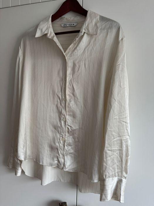 Zara L XL jedwab jedwabna koszula oversize w paski biała ecru