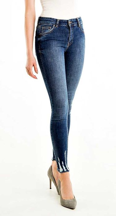 Spodnie Jeansy Dżinsy Rurki Wysoki Stan Slim Przetarcia Dziury Nowe XS