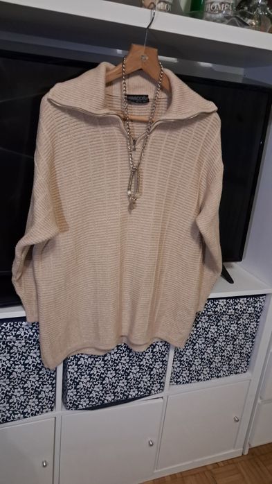 Sweter beżowy Passport r.XL rozpinany kołnierz,  bawełna, prążek