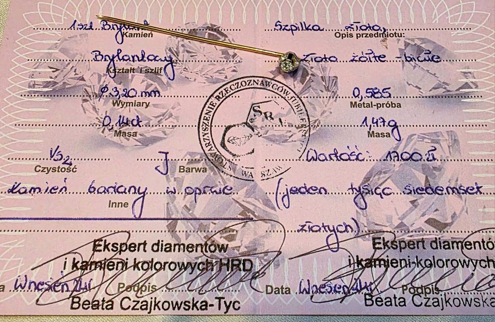 #złota szpilka , przypinka #diament