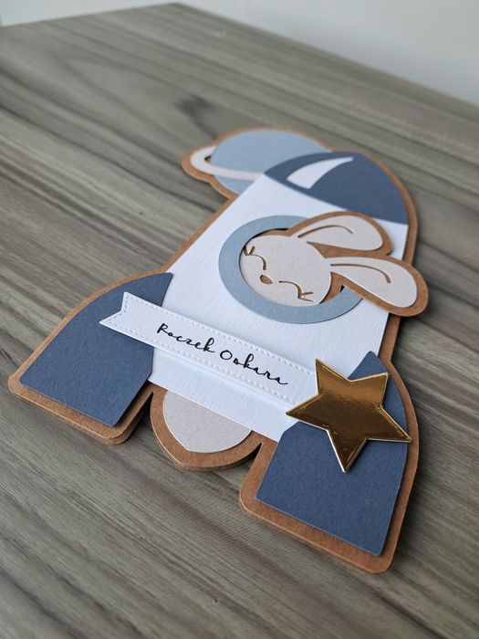 Kartka na roczek, 2, 3 urodziny z rakietą i planetą