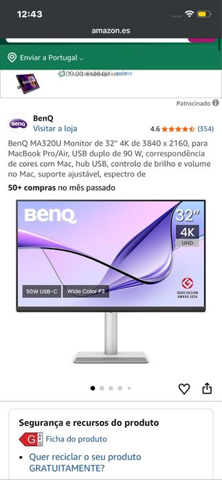 Monitor BenQ MA320U 32” 4K – Ideal para MacBook – NOVO – 699€