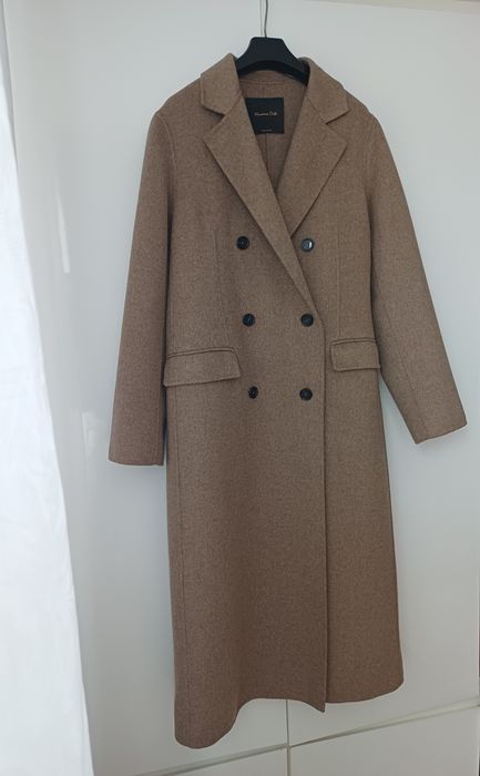 Massimo Dutti wełniany płaszcz brązowy taupe wełna długi midi wiosenny