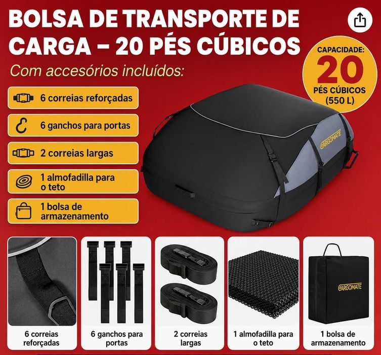 [Oportunidade] Bolsa de Transporte de Carga para Tejadilho – 550L (20 Pés Cúbicos) | Impermeável | Nova