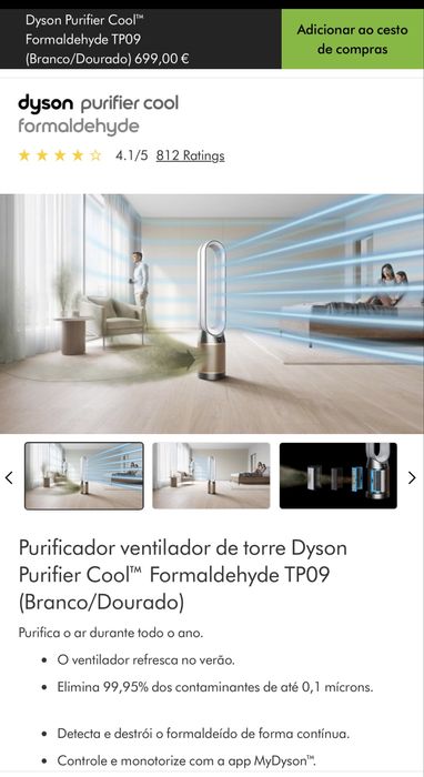 Purificador Ventilador de torre Dyson purifier cool branco dourado