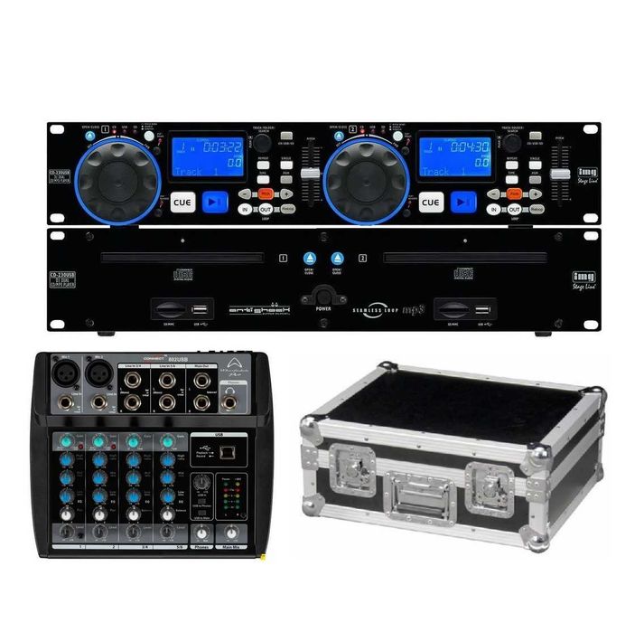 Podwójny odtwarzacz CD MP3 DJ IMG Stageline CD-230USB + Mikser Wharfedale Pro + Skrzynia Box