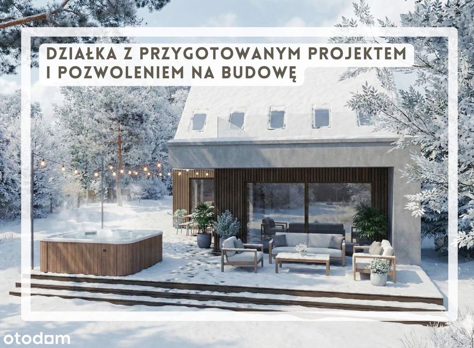 Działka budowlana z projektem domu. Pozwolenie na budowę. Prywatny las