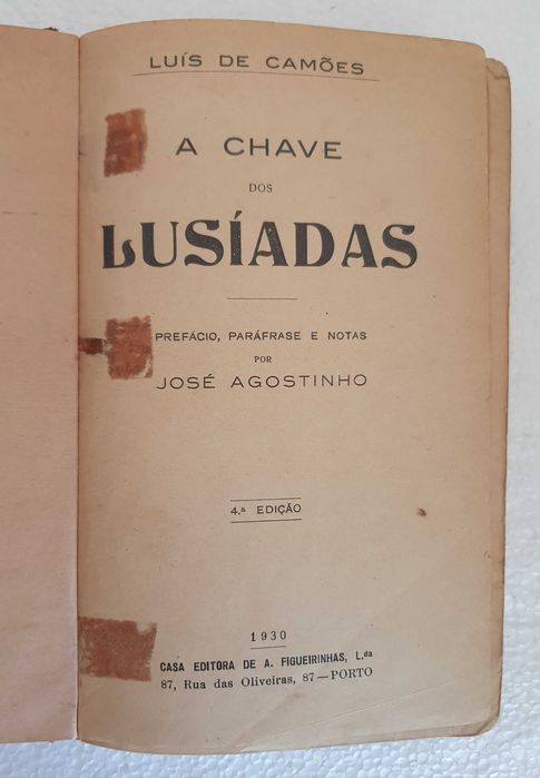 Livro A Chave dos Lusíadas (Camões), José Agostinho, 4ª Edição - 1930