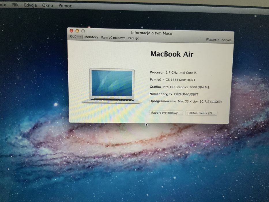 Uszkodzony macbook air a1369 dysk 128gb 4gb ram