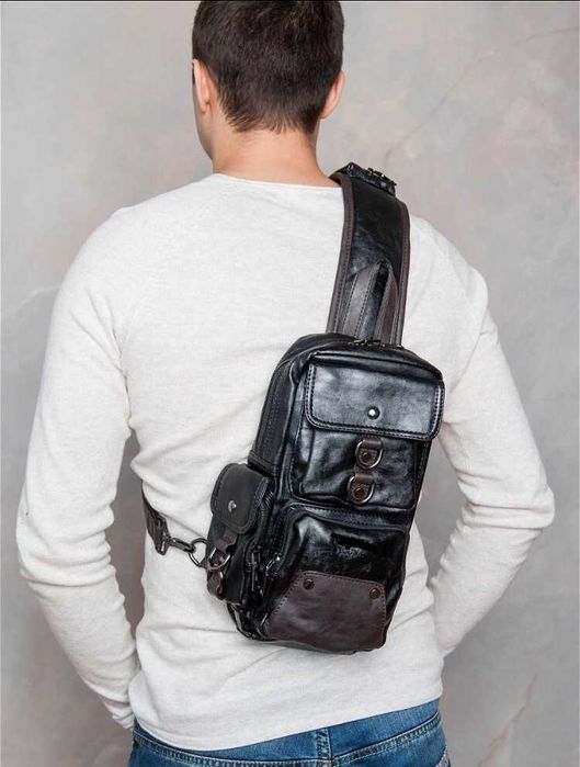 Чоловіча мужская модная кожаная стильная сумка рюкзак на груди плечо