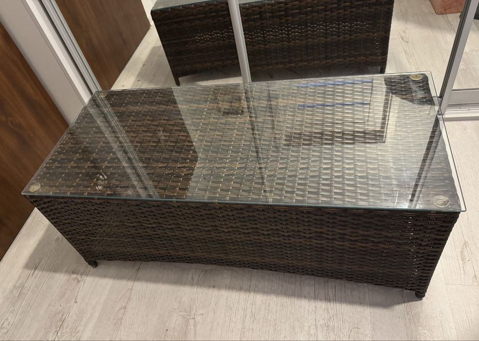 Stolik kawowy, balkonowy, ogrodowy, szklany blat, technorattan,