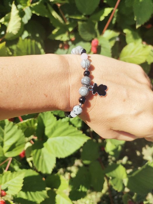 Bransoletka Jadeit, kwarc turmalinowy i różowy .miś