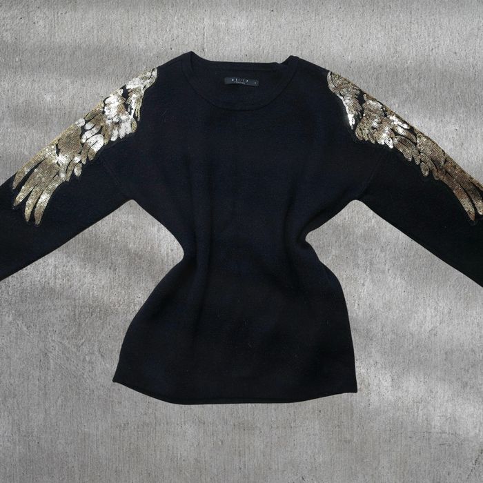 Elegancki czarny sweter Mohito złote skrzydła aplikacja ramiona M 38
