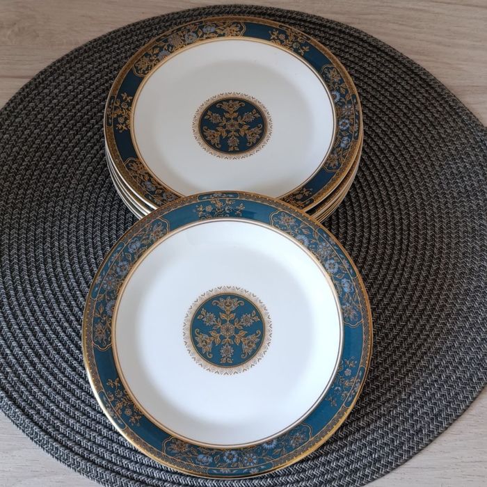 Royal Doulton Carlyle 6 тарілочок кістяний фарфор бірюзово-синій 16см