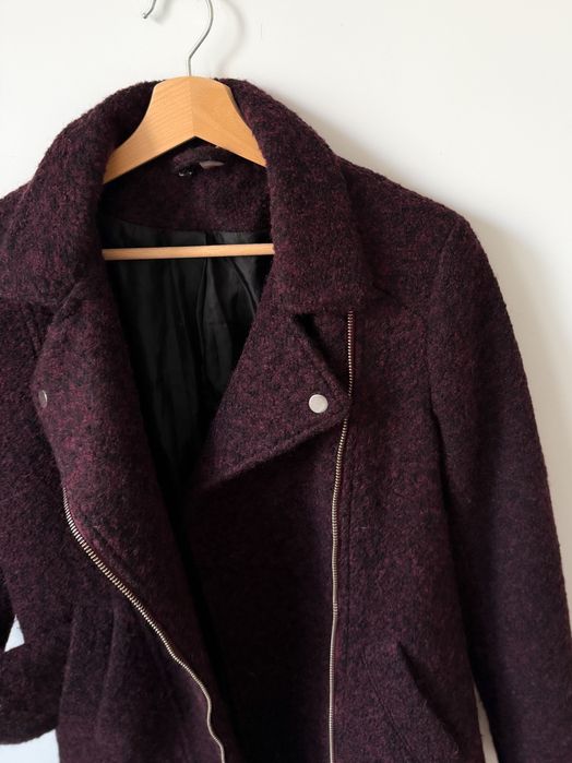 Wełniana ramoneska kurtka burgundowa wełna H&M 36 S boucle kieszenie
