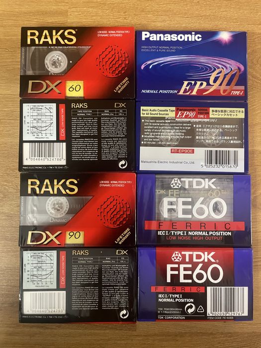 Fabrycznie nowe czyste kasety magnetofonowe 185 sztuk w folii . Raks DX, TDK FE, Panasonic EP.
