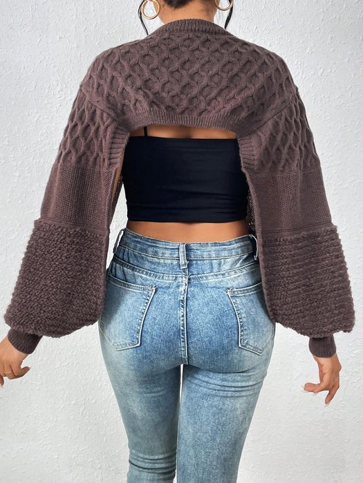 Kardigan Sweterek Krótki Z Bufiastymi Rękawami Brązowy Casual Shein S