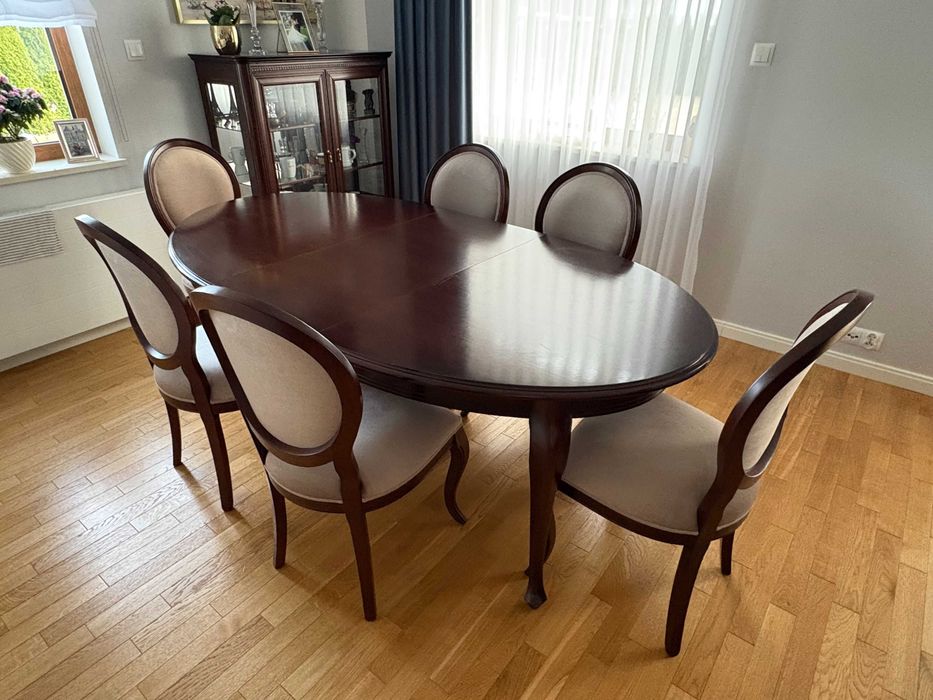 Stół drewniany 160x80 (360cm rozłożony) + 8x krzesło tapicerowane