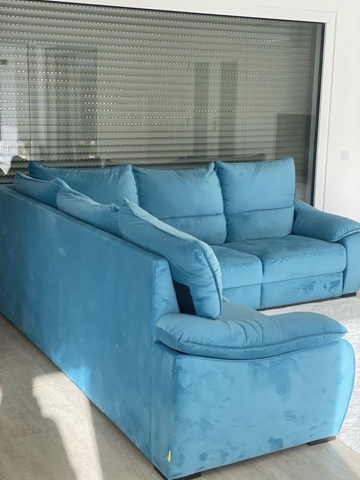 Sofá de canto azul-turquesa com chaise longue — excelente estado!