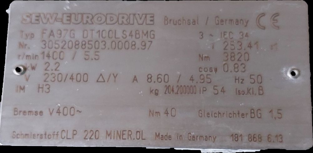 Motoreduktor 2.2kw. 5,5obr. z hamulcem. Sew. FA97