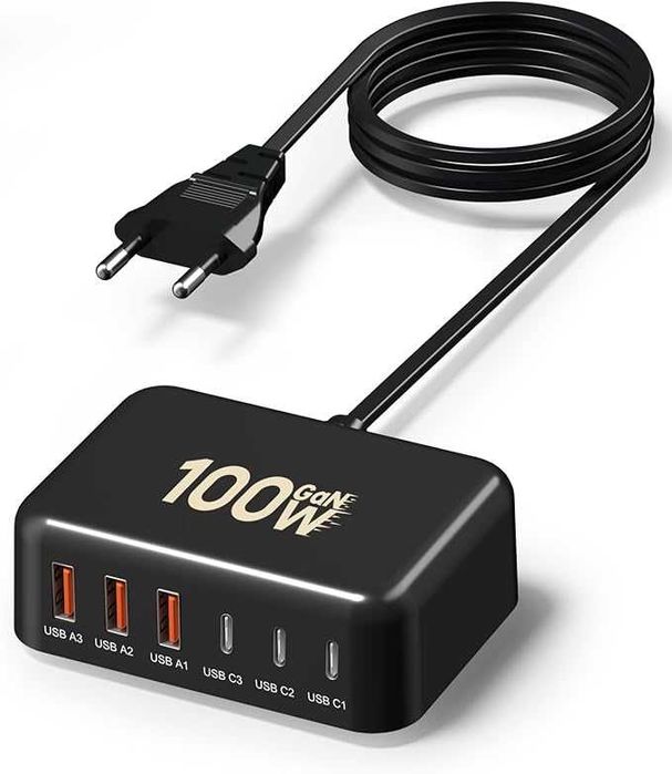 Ładowarka 100 W GaN, 6-portowy USB-C wieloma stacjami USB-A.USB-C 3.0