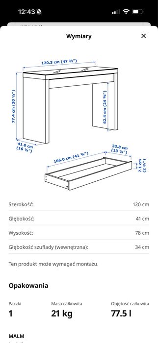 Toaletka MALM Ikea stan bardzo dobry 120x41 cm