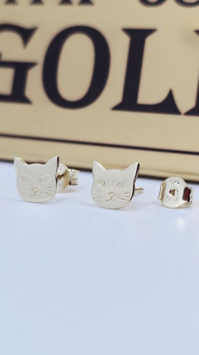 Złote kolczyki kot wtykane próba 585 14k