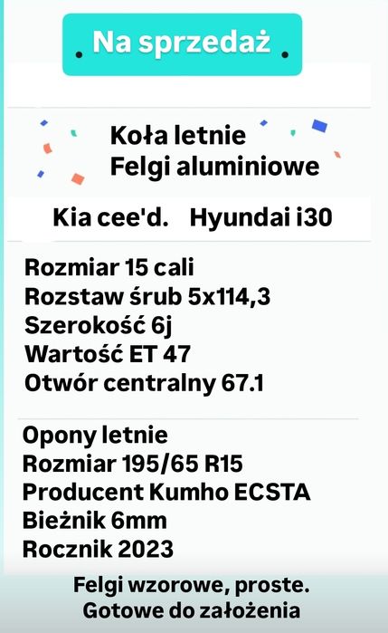 Felgi Koła lato Kia cee'd Hyundai i30 5x114,3 bardzo ładne opony