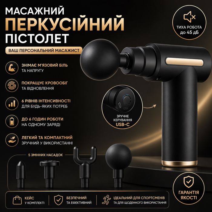 Ручной массажер с 4 насадками, мини массажер, массажный пистолет