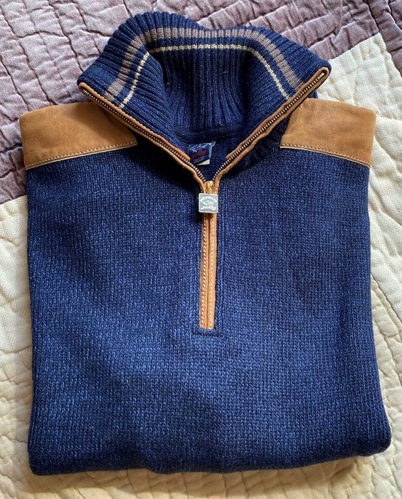 Camisola de malha azul com aplicações de cabedal Paul & Shark